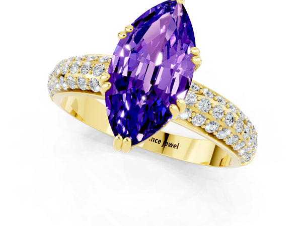 Yellow gold Marquise Cut Tanzanite Solitaire Ring with Multi-Row Round Pavé Band and Prong Setting