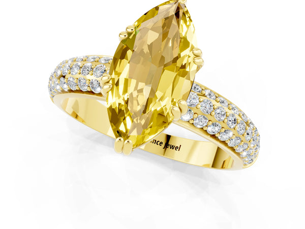 Yellow gold Marquise Cut Yellow Sapphire Solitaire Ring with Multi-Row Round Pavé Band and Prong Setting