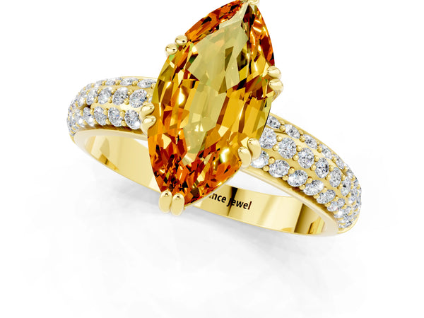 Yellow gold Marquise Cut Citrine Solitaire Ring with Multi-Row Round Pavé Band and Prong Setting