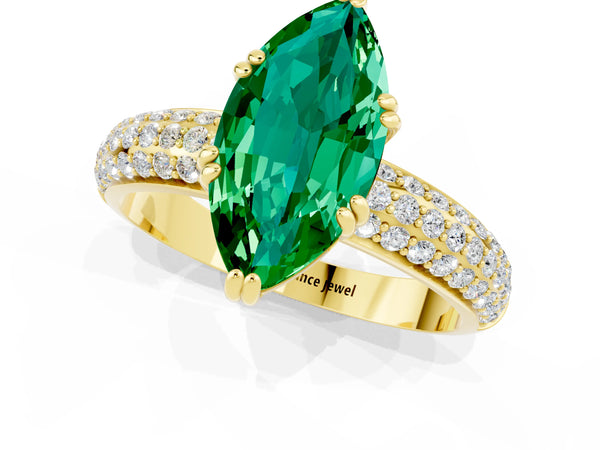 Yellow gold Marquise Cut Emerald Solitaire Ring with Multi-Row Round Pavé Band and Prong Setting