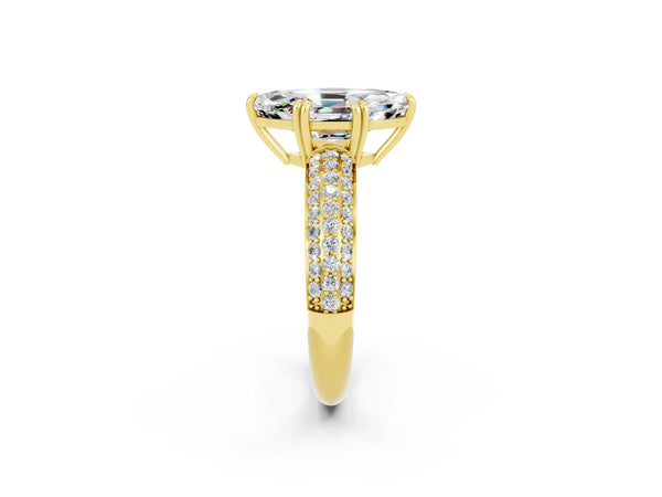 Yellow gold Marquise Cut Moissanite Solitaire Ring with Multi-Row Round Pavé Band and Prong Setting