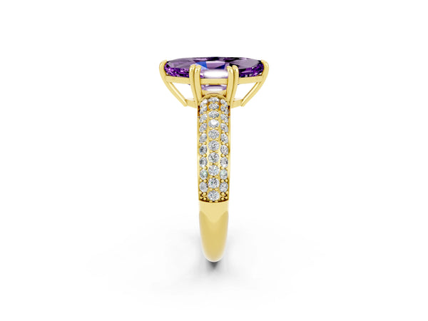 Yellow gold Marquise Cut Amethyst Solitaire Ring with Multi-Row Round Pavé Band and Prong Setting