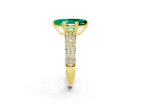 Yellow gold Marquise Cut Emerald Solitaire Ring with Multi-Row Round Pavé Band and Prong Setting