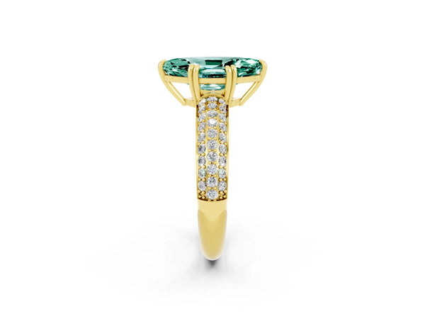 Yellow gold Marquise Cut Green Sapphire Solitaire Ring with Multi-Row Round Pavé Band and Prong Setting