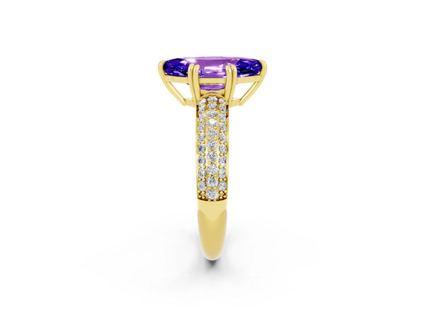 Yellow gold Marquise Cut Tanzanite Solitaire Ring with Multi-Row Round Pavé Band and Prong Setting