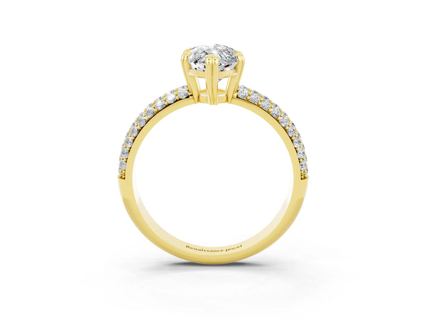 Yellow gold Marquise Cut Moissanite Solitaire Ring with Multi-Row Round Pavé Band and Prong Setting