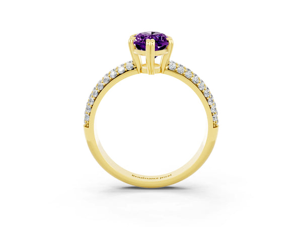Yellow gold Marquise Cut Amethyst Solitaire Ring with Multi-Row Round Pavé Band and Prong Setting