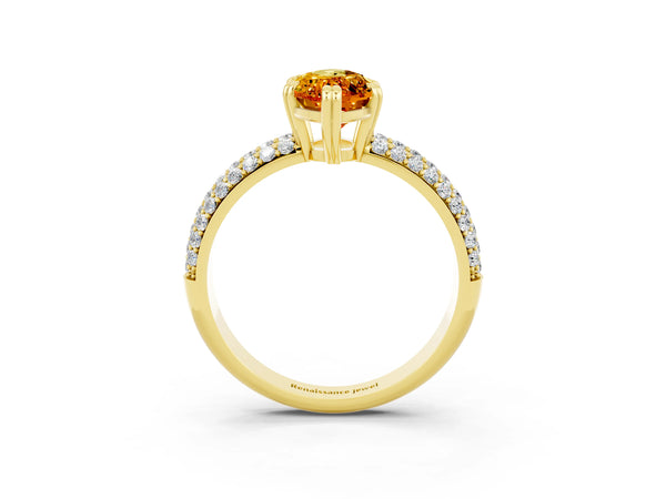Yellow gold Marquise Cut Citrine Solitaire Ring with Multi-Row Round Pavé Band and Prong Setting