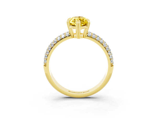 Yellow gold Marquise Cut Yellow Sapphire Solitaire Ring with Multi-Row Round Pavé Band and Prong Setting
