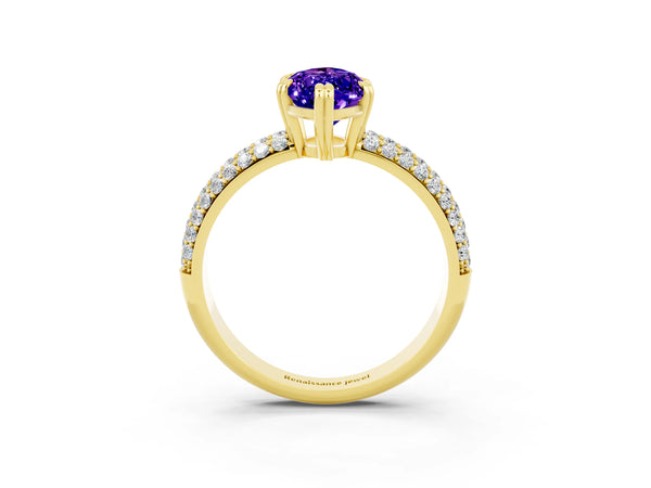 Yellow gold Marquise Cut Tanzanite Solitaire Ring with Multi-Row Round Pavé Band and Prong Setting