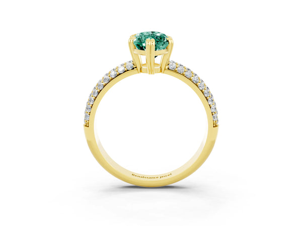 Yellow gold Marquise Cut Green Sapphire Solitaire Ring with Multi-Row Round Pavé Band and Prong Setting