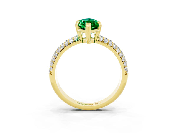 Yellow gold Marquise Cut Emerald Solitaire Ring with Multi-Row Round Pavé Band and Prong Setting