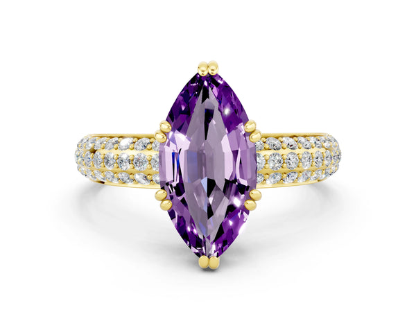 Yellow gold Marquise Cut Amethyst Solitaire Ring with Multi-Row Round Pavé Band and Prong Setting