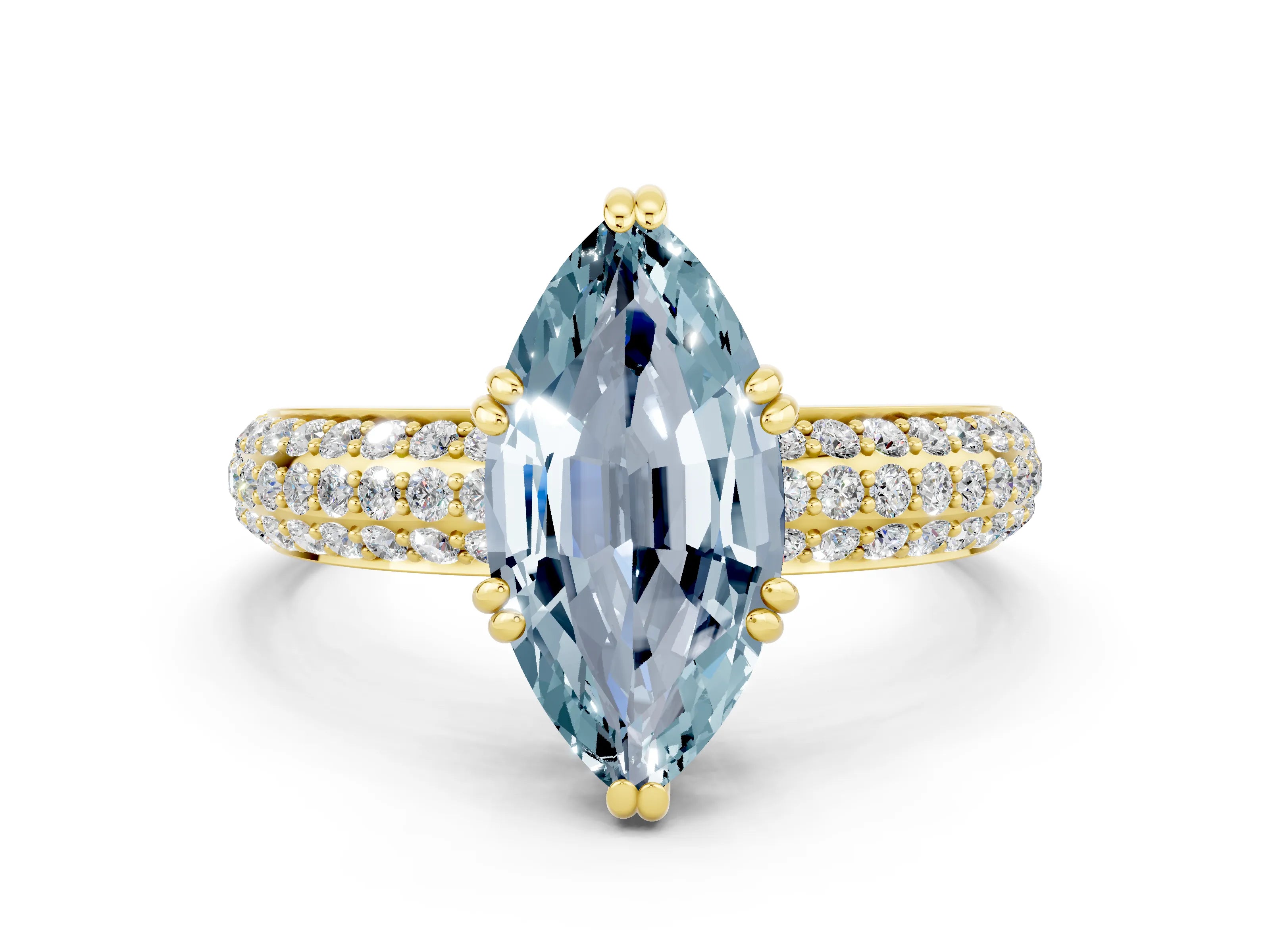 Yellow gold Marquise Cut Cut Pave Diamond Engagement Ring with Channel Set Band and Four-Prong Setting