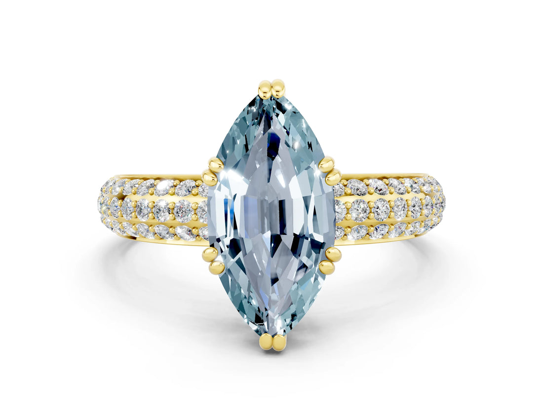 Yellow gold Marquise Cut Cut Pave Diamond Engagement Ring with Channel Set Band and Four-Prong Setting