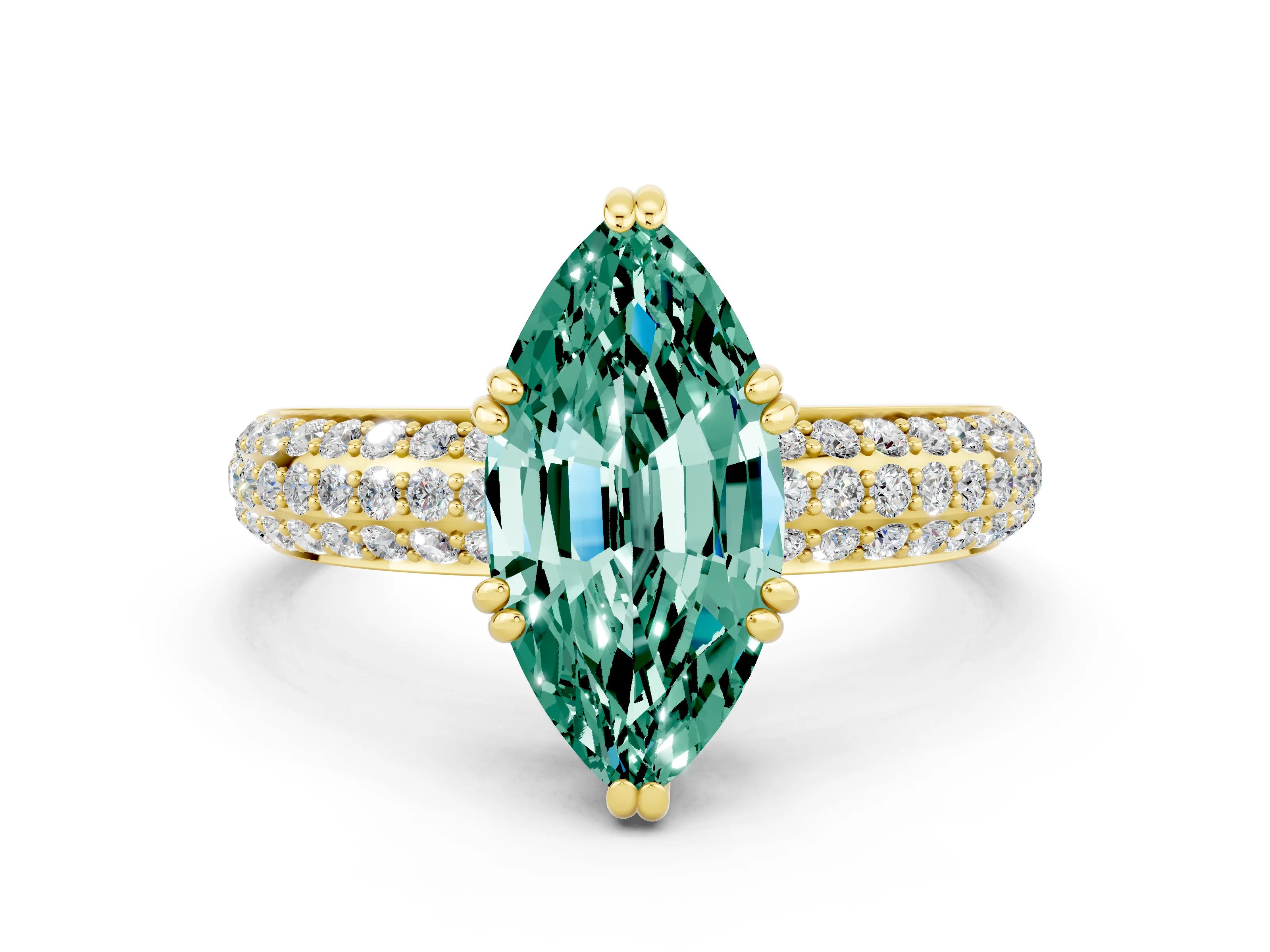 Yellow gold Marquise Cut Cut Pave Diamond Engagement Ring with Channel Set Band and Four-Prong Setting