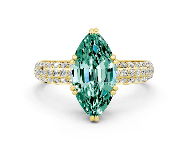Yellow gold Marquise Cut Green Sapphire Solitaire Ring with Multi-Row Round Pavé Band and Prong Setting