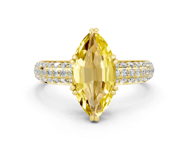 Yellow gold Marquise Cut Yellow Sapphire Solitaire Ring with Multi-Row Round Pavé Band and Prong Setting