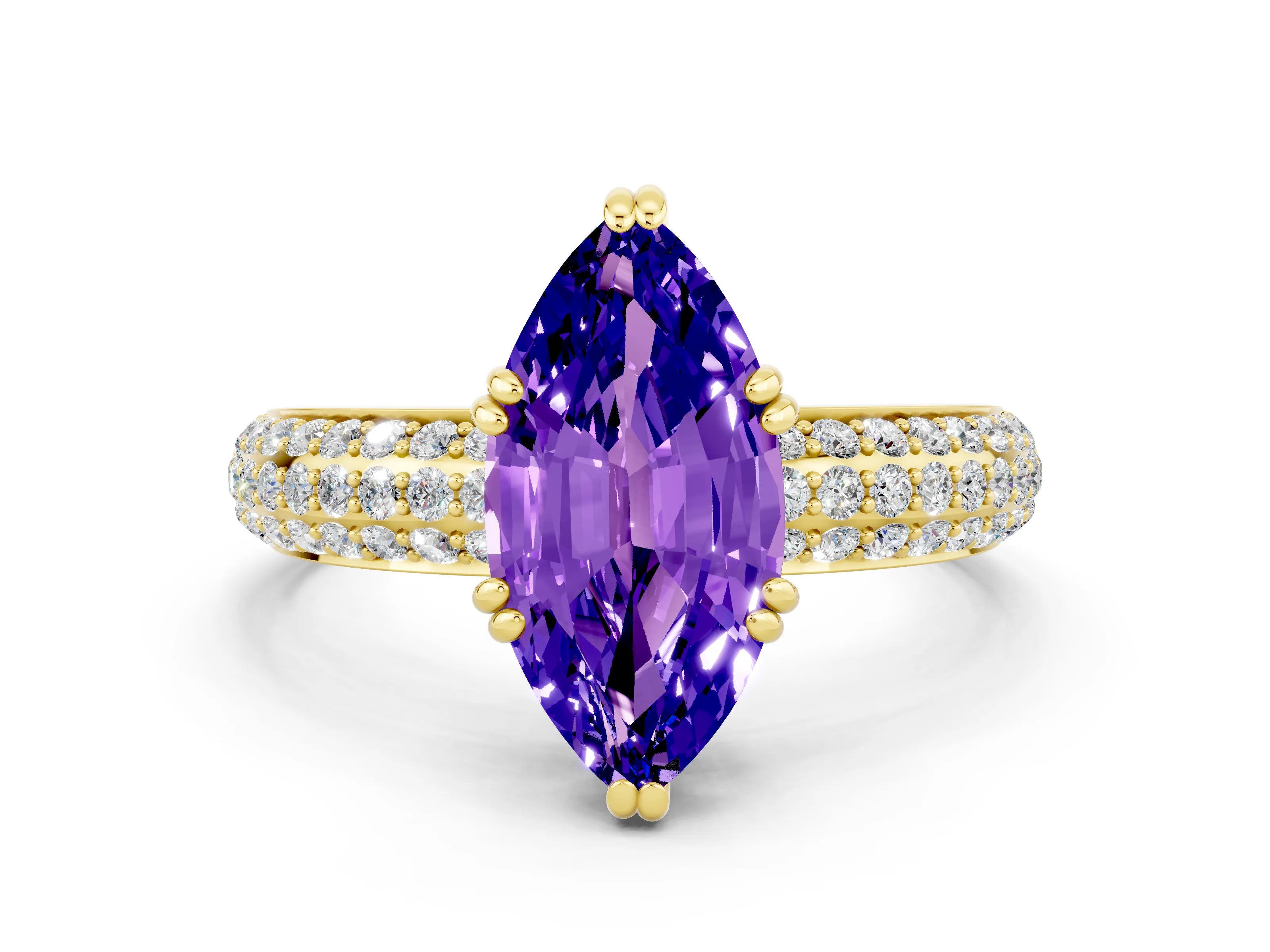 Yellow gold Marquise Cut Cut Pave Diamond Engagement Ring with Channel Set Band and Four-Prong Setting