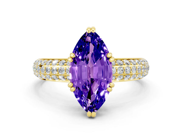 Yellow gold Marquise Cut Tanzanite Solitaire Ring with Multi-Row Round Pavé Band and Prong Setting