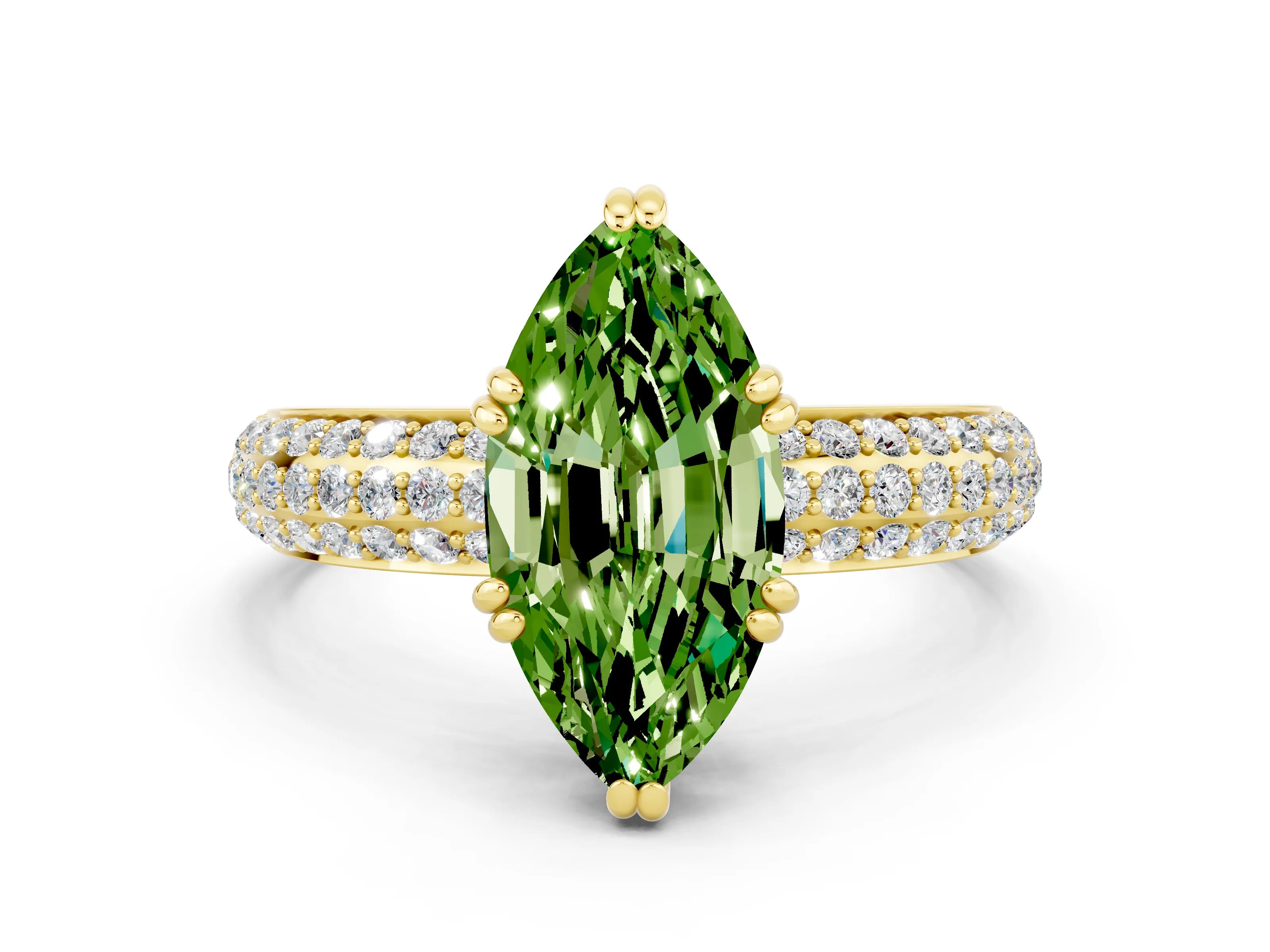 Yellow gold Marquise Cut Cut Pave Diamond Engagement Ring with Channel Set Band and Four-Prong Setting