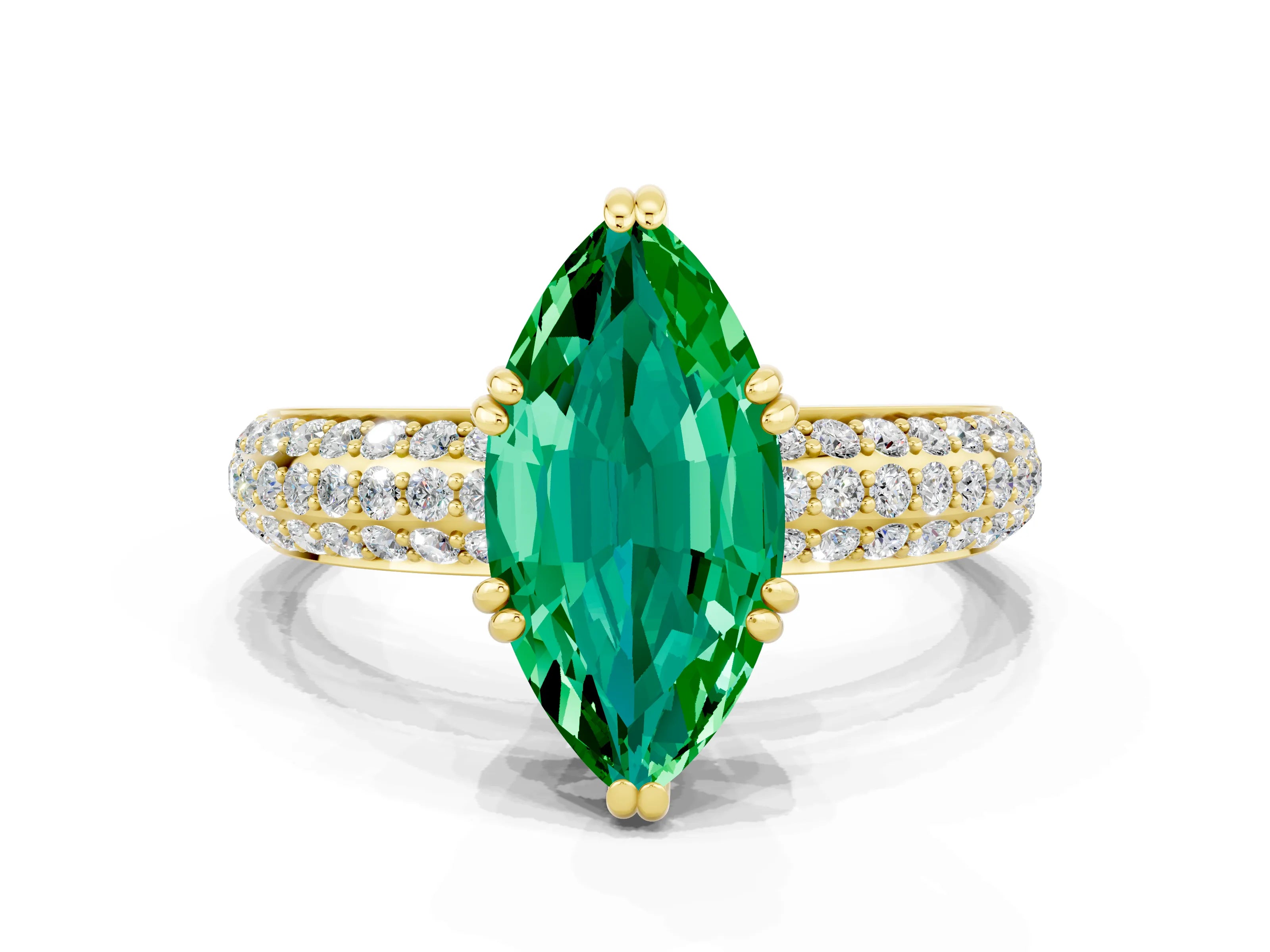 Yellow gold Marquise Cut Cut Pave Diamond Engagement Ring with Channel Set Band and Four-Prong Setting