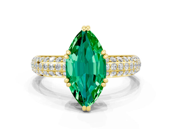 Yellow gold Marquise Cut Emerald Solitaire Ring with Multi-Row Round Pavé Band and Prong Setting