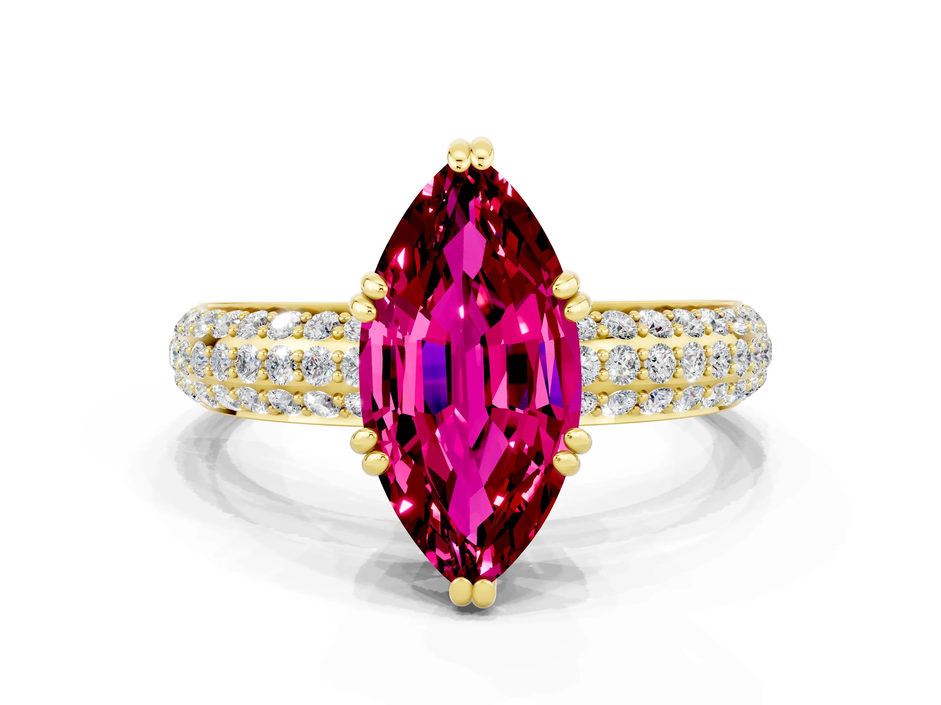 Yellow gold Marquise Cut Cut Pave Diamond Engagement Ring with Channel Set Band and Four-Prong Setting