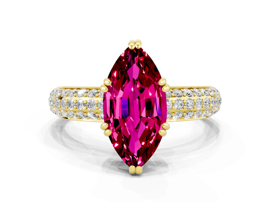 Yellow gold Marquise Cut Cut Pave Diamond Engagement Ring with Channel Set Band and Four-Prong Setting