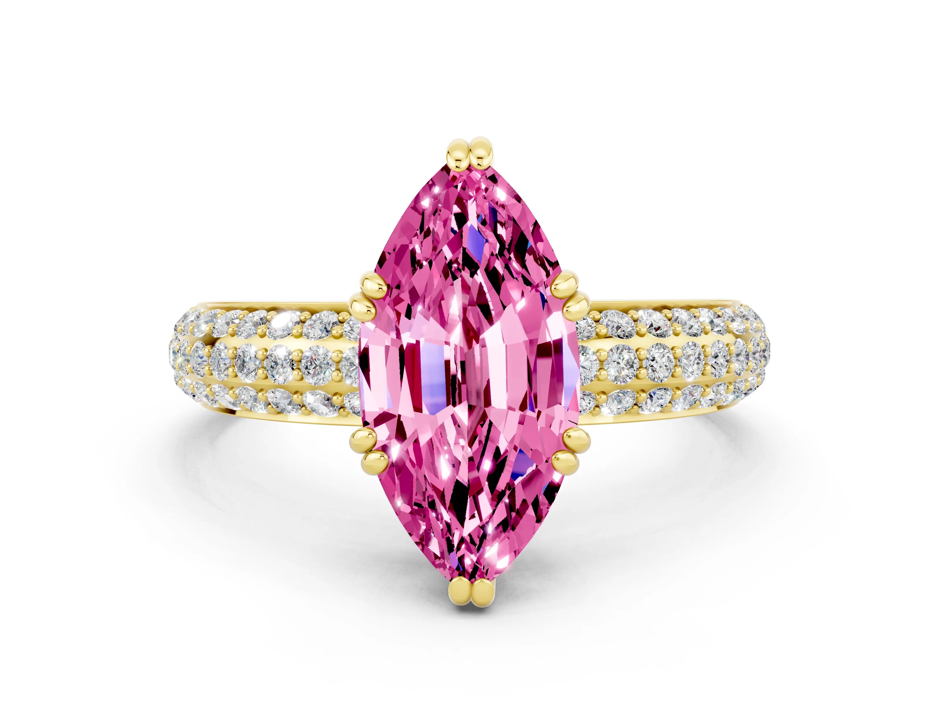 Yellow gold Marquise Cut Cut Pave Diamond Engagement Ring with Channel Set Band and Four-Prong Setting