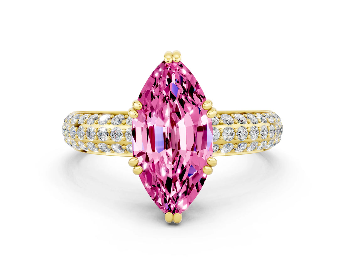 Yellow gold Marquise Cut Cut Pave Diamond Engagement Ring with Channel Set Band and Four-Prong Setting