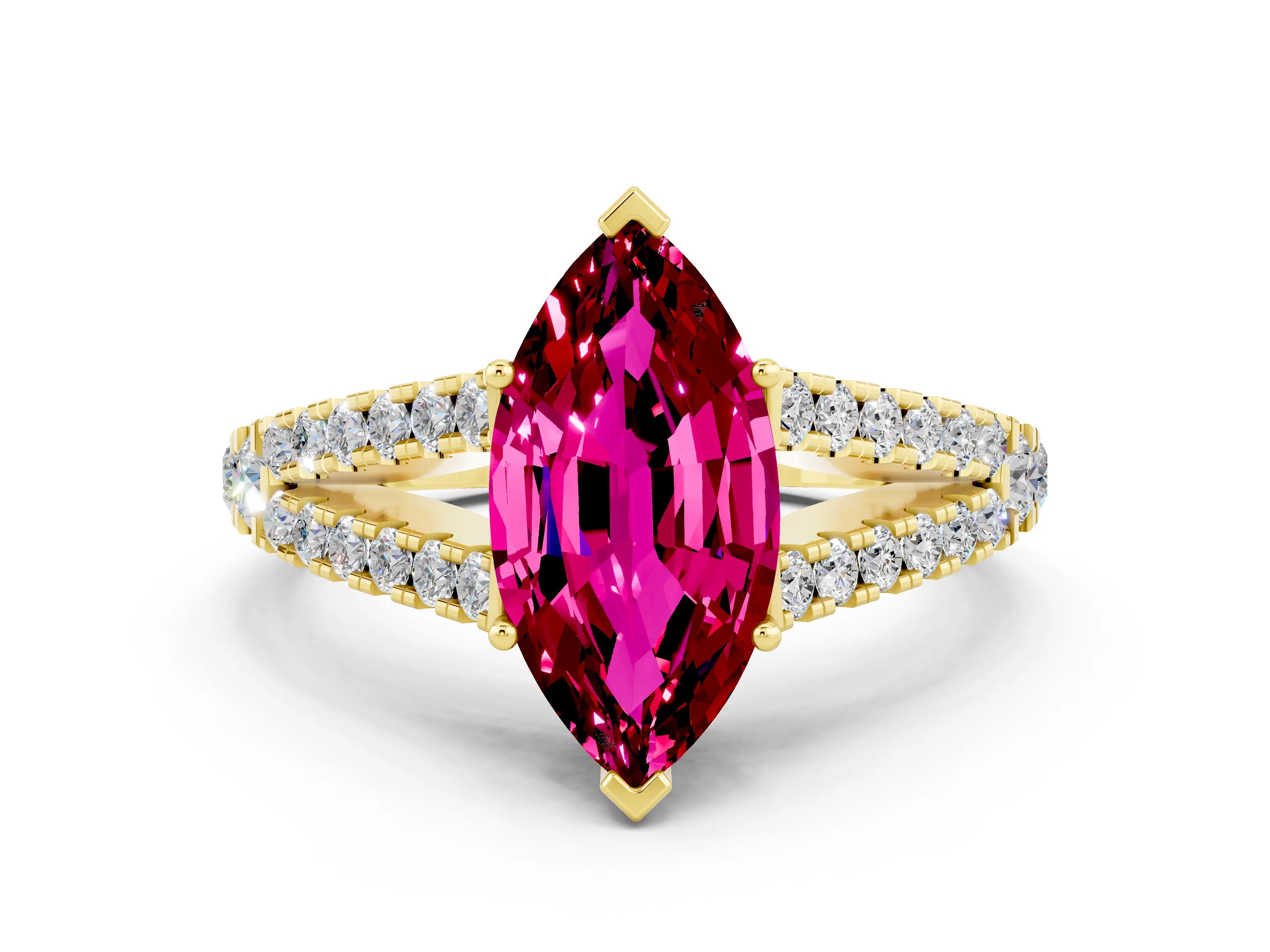 Yellow gold Marquise Cut Cut Split Shank Pave Diamond Engagement Ring with Four-Prong Setting