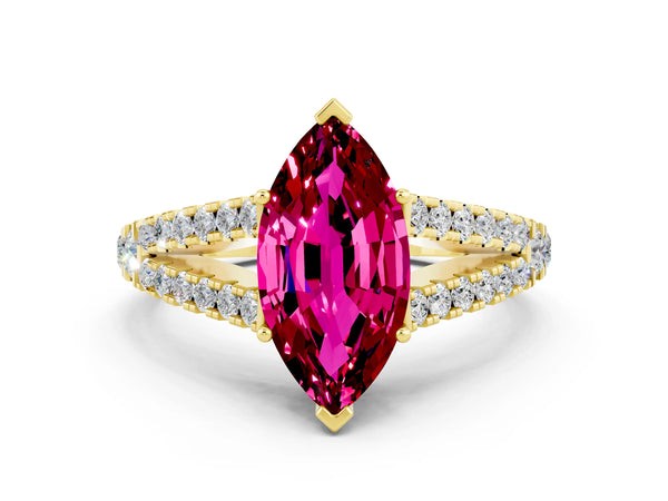 Yellow gold Marquise Cut Garnet Split Shank Engagement Ring with Round Pavé and Prong Setting