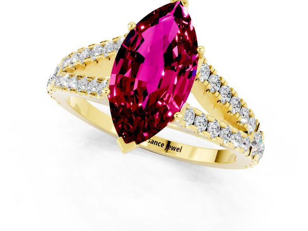 Yellow gold Marquise Cut Garnet Split Shank Engagement Ring with Round Pavé and Prong Setting
