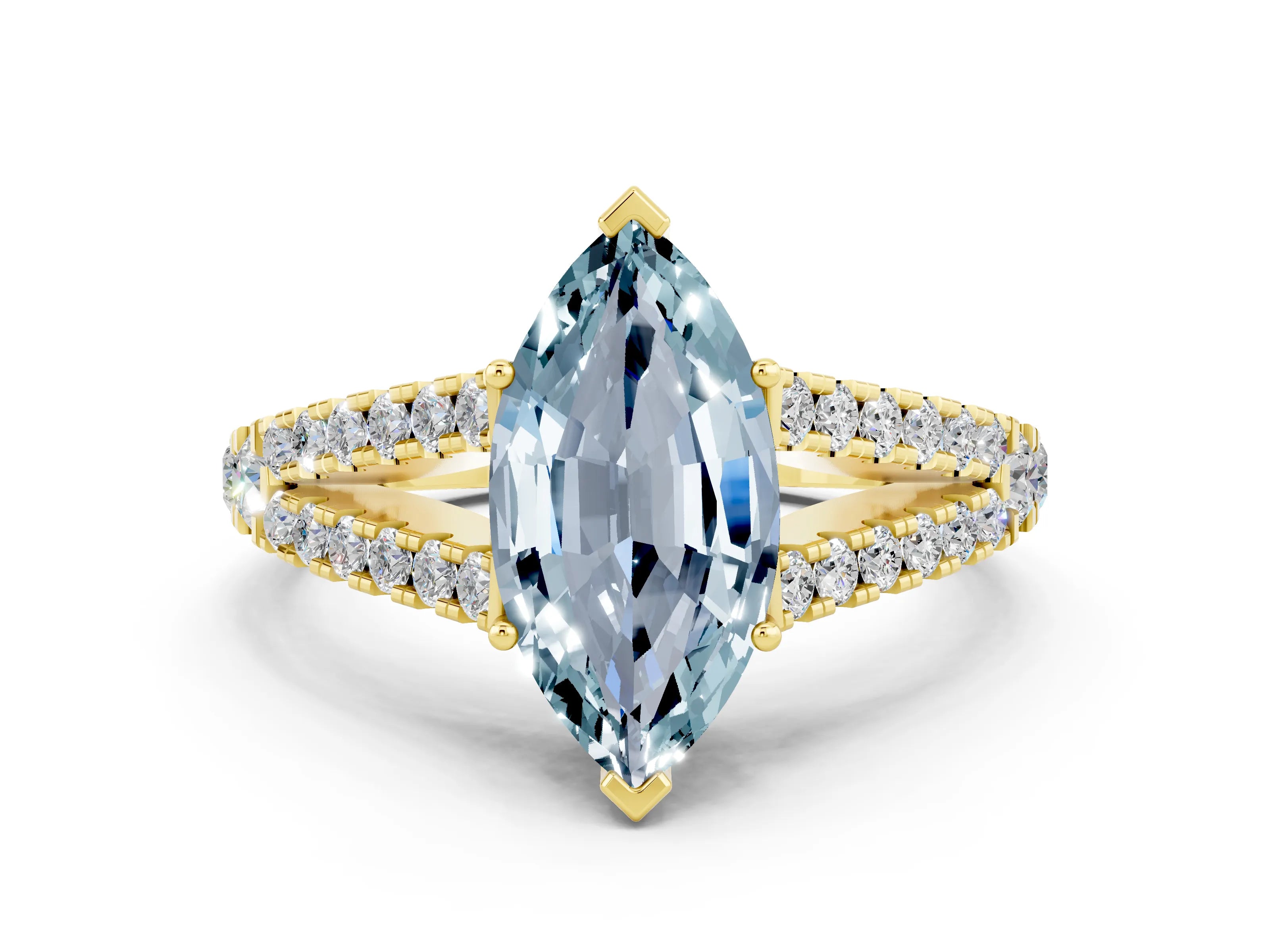 Yellow gold Marquise Cut Cut Split Shank Pave Diamond Engagement Ring with Four-Prong Setting