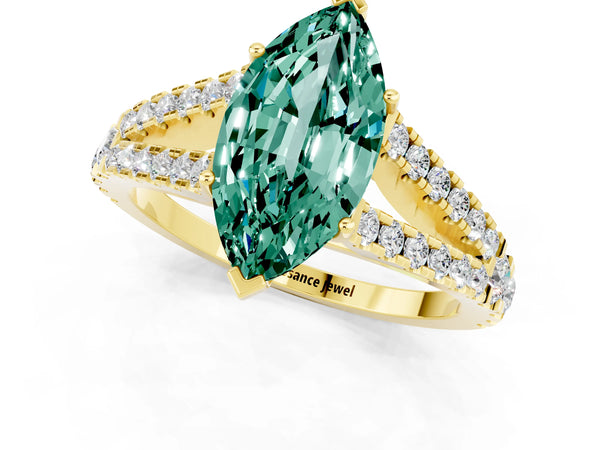 Yellow gold Marquise Cut Green Sapphire Split Shank Engagement Ring with Round Pavé and Prong Setting