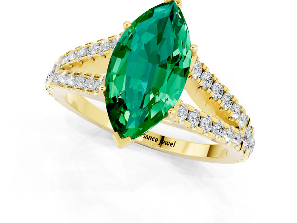 Yellow gold Marquise Cut Emerald Split Shank Engagement Ring with Round Pavé and Prong Setting