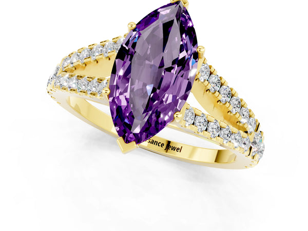 Yellow gold Marquise Cut Amethyst Split Shank Engagement Ring with Round Pavé and Prong Setting