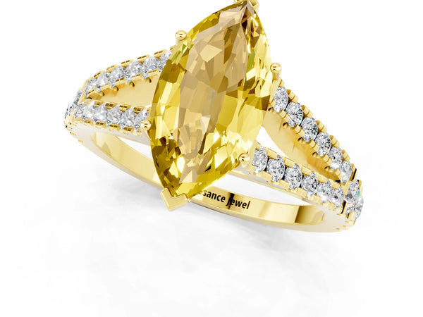 Yellow gold Marquise Cut Yellow Sapphire Split Shank Engagement Ring with Round Pavé and Prong Setting