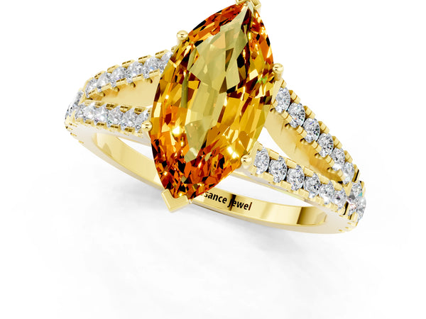 Yellow gold Marquise Cut Citrine Split Shank Engagement Ring with Round Pavé and Prong Setting