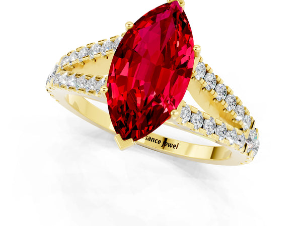Yellow gold Marquise Cut Ruby Split Shank Engagement Ring with Round Pavé and Prong Setting