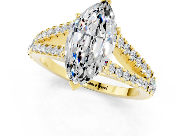 Yellow gold Marquise Cut Moissanite Split Shank Engagement Ring with Round Pavé and Prong Setting
