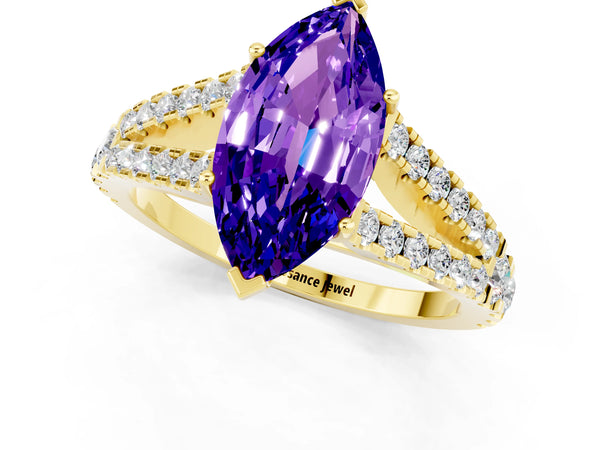 Yellow gold Marquise Cut Tanzanite Split Shank Engagement Ring with Round Pavé and Prong Setting