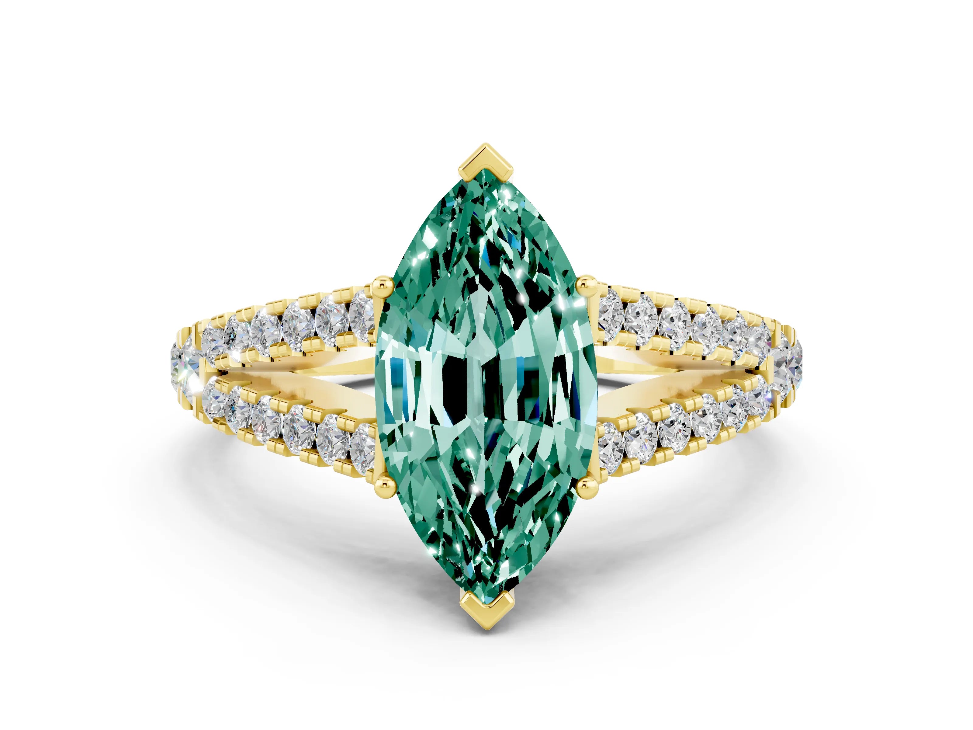 Yellow gold Marquise Cut Cut Split Shank Pave Diamond Engagement Ring with Four-Prong Setting