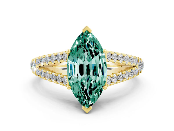 Yellow gold Marquise Cut Green Sapphire Split Shank Engagement Ring with Round Pavé and Prong Setting