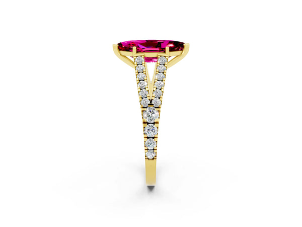 Yellow gold Marquise Cut Garnet Split Shank Engagement Ring with Round Pavé and Prong Setting