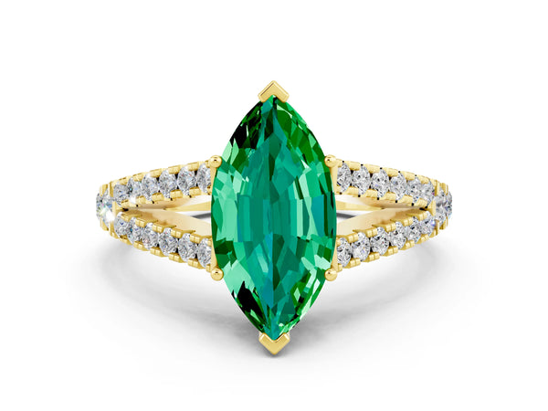 Yellow gold Marquise Cut Emerald Split Shank Engagement Ring with Round Pavé and Prong Setting