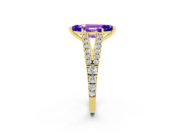 Yellow gold Marquise Cut Tanzanite Split Shank Engagement Ring with Round Pavé and Prong Setting