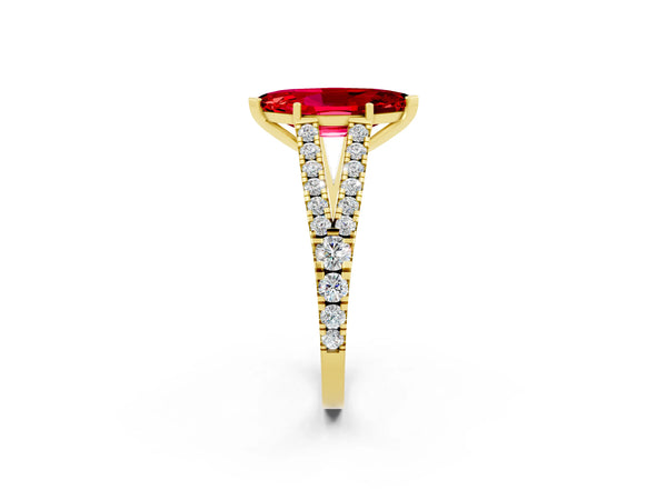 Yellow gold Marquise Cut Ruby Split Shank Engagement Ring with Round Pavé and Prong Setting