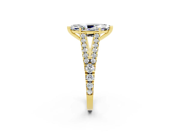 Yellow gold Marquise Cut Moissanite Split Shank Engagement Ring with Round Pavé and Prong Setting